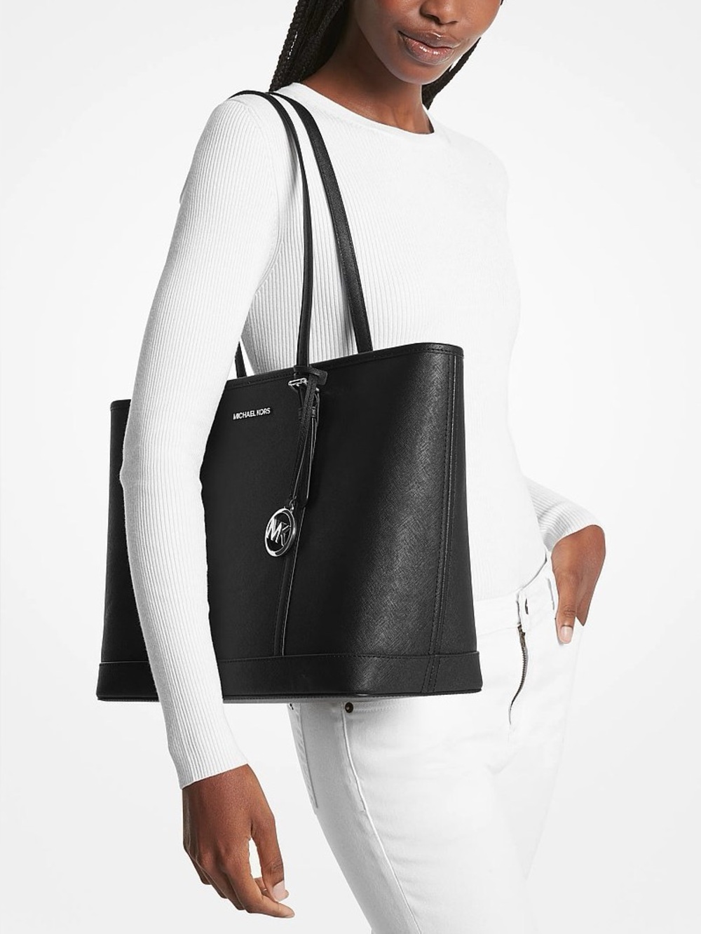 Michael Kors Black Leather Tote with Gold MK Charm